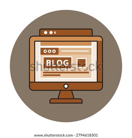 A flat icon showing a desktop computer monitor with a web browser window open, displaying a blog article page. Ideal for digital marketing, web development concepts.