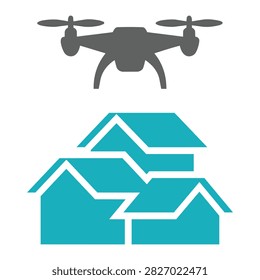 Flat icon showing a flying drone over a cluster of houses representing residential real estate photography and property surveying
