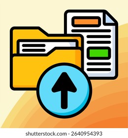 Flat icon showing a folder with a document and an upward arrow, symbolizing file upload, cloud backup, or data transfer in digital platforms.