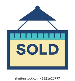 A flat icon showing a hanging sign with the word Sold written on it. Perfect for real estate marketing, property market updates, and successful business deals.