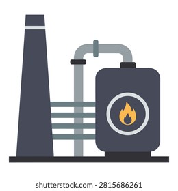 A flat icon showing an industrial boiler system with a central flame symbol and smokestack. Ideal for energy, power generation, manufacturing, and heating concepts.