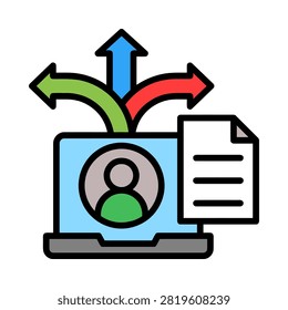 A flat icon showing a laptop with a user profile and a document next to it with arrows indicating data flow and distribution