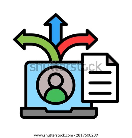 A flat icon showing a laptop with a user profile and a document next to it with arrows indicating data flow and distribution