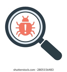 A flat icon showing a magnifying glass examining a red insect symbol with an exclamation mark, representing computer software bug detection and debugging process.