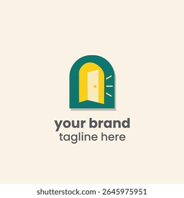 Flat icon showing an open door with light rays, symbolizing opportunity, home entry, realty invitation, housing welcome, or real estate gateway and buyer start.