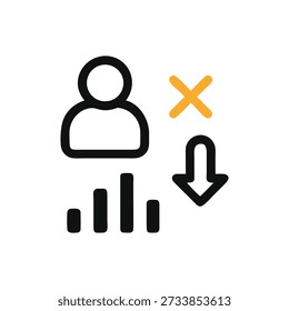 Flat icon showing a person, bars decreasing, and a downturn arrow next to a cross