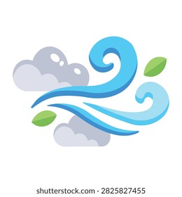 Flat icon showing powerful blue wind gusts moving through clouds and leaves.
