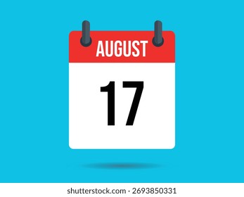 Icono plano que muestra un calendario rojo con AUGUST impreso en la parte superior y 17 en la parte inferior, todo aislado en un fondo azul brillante.