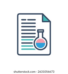 Um ícone plano mostrando um relatório científico com um frasco. Contendo líquido azul e rosa, representa pesquisa, teste e diagnóstico.