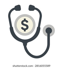 A flat icon showing a stethoscope encircling a US dollar coin. This symbol illustrates the high cost of medical services, financial planning for health, and insurance.