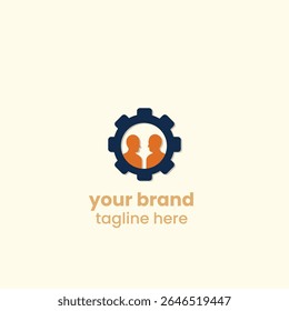 Flat icon showing two professionals communicating inside a gear, representing teamwork, HR, collaboration, and business workflow enhancement.