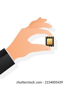 Flat icon with sim in hand. Hand holding mobile phone.
