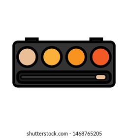 Flat icon is a simple glamorous cosmetics rectangular powder box with a mirror, eye shadows and eyelids applying make-up beauty guidance. Vector illustration