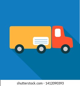 Flat icon in simple style. Mail truck delivers post. A red cab and a yellow body as parcel with tag recipient on a blue background