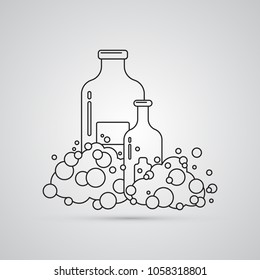 Flat icon, simple vector design. Cartoon cloud of foam with bottles. Set for illustration for liquid, chemical laboratory, cosmetical tools and cosmetics.