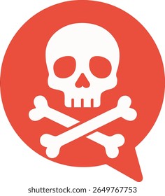 Flat Icon of Skull and Crossbones Inside Red Speech Bubble Symbol on White Background.