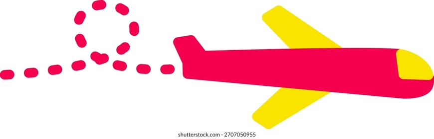Flaches Symbol eines kleinen roten Flugzeugs, das mit einer weißen gepunkteten Linie fliegt, die seine Flugbahn anzeigt.