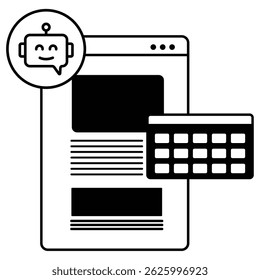 Flat icon of a smart scheduler for planning and publishing social posts using artificial intelligence. Best for productivity and marketing apps.
