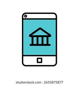 Ícone plano do smartphone exibindo um símbolo bancário ou financeiro. Contorno preto minimalista com tela azul. Perfeito para fintech, banco móvel, aplicativos ou temas de finanças digitais.