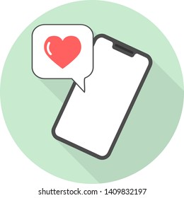 flat icon of smartphone with heart message on green background