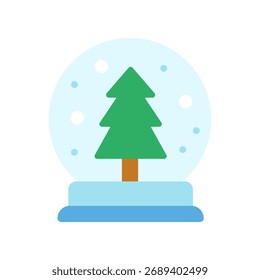 Ícone plano de um globo de neve com árvore de Natal e flocos de neve dentro. Perfeito para os visuais de saudação de férias, desenhos de decoração festiva e temas de celebração de inverno.
