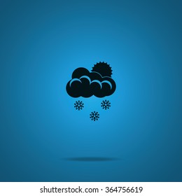 Flat icon of snow. Sun behind the clouds sign.