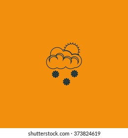Flat icon of snow. Sun behind the clouds sign.