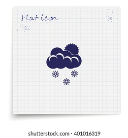 Flat icon of snow. Sun behind the clouds sign.