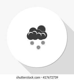 Flat icon of snow. Sun behind the clouds sign.