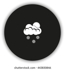 Flat icon of snow. Sun behind the clouds sign.