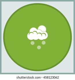 Flat icon of snow. Sun behind the clouds sign.