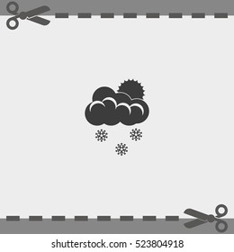 Flat icon of snow. Sun behind the clouds sign.
