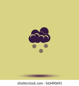 Flat icon of snow. Sun behind the clouds sign.