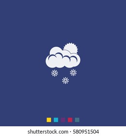 Flat icon of snow. Sun behind the clouds sign.
