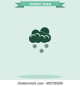 Flat icon of snow. Sun behind the clouds sign.