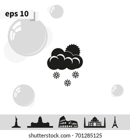 Flat icon of snow. Sun behind the clouds sign.