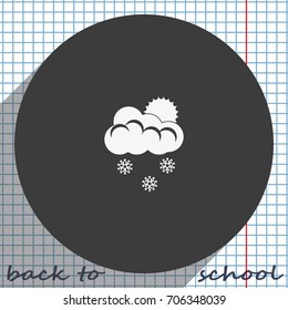 Flat icon of snow. Sun behind the clouds sign.