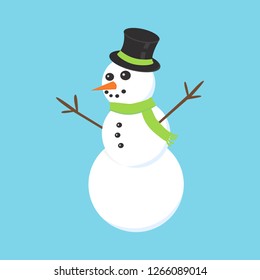 Flat icon Snowman with green scarf isolated on blue background. Vector illustration.