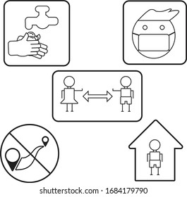 Flat Icon Social Awareness During Covid 19 Virus Pandemic. Social Distancing, Work Or Stay From Home, Washing Hand, No Travelling, Wear Mask.