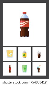 Flat Icon Soda Set Of Bottle, Beverage, Juice And Other Vector Objects. Also Includes Carbonated, Lemonade, Juice Elements.