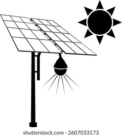 The flat icon of a solar powered flashlight. Street lamp and solar panel. Vector black and white illustration.