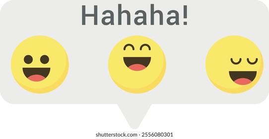 Flat icon of a speech bubble with the text "Hahaha!" and three yellow happy faces below it, each expressing different levels of amusement.