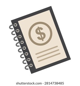 A flat icon of a spiral bound notebook featuring a dollar currency symbol on the cover. This simple design represents accounting, budgeting, finance, and planning.