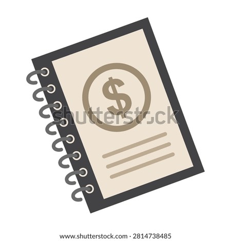 A flat icon of a spiral bound notebook featuring a dollar currency symbol on the cover. This simple design represents accounting, budgeting, finance, and planning.