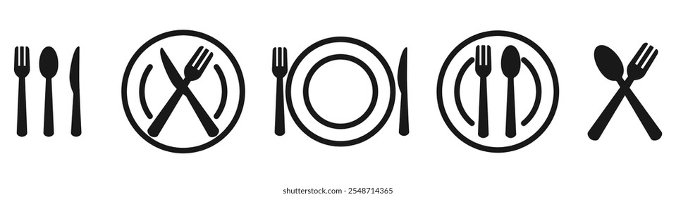 Flache Ikone von Löffel, Gabel, Messer und Teller. Restaurant Utensiliensymbol. menu logo, Symbol des Bestecks. Besteck oder Geschirr in Restaurant, Küche. Vektorgrafik auf transparentem Hintergrund.