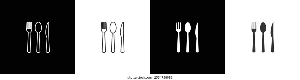 Flat icon of spoon, fork, and knife. Restaurant utensil symbol.  Symbol of cutlery. Cutlery or tableware in restaurant, kitchen. Vector illustration on black and white background.