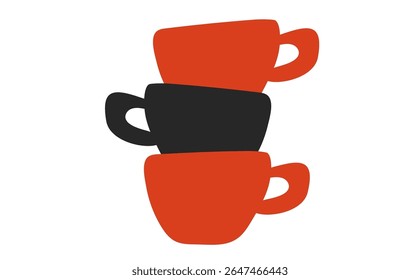 Flat icon of stacked coffee cups in red and black colors. Minimal vector illustration. Hot drink and kitchenware concept 