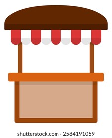 Flat icon of stand stall with white and red striped awning isolated on background.