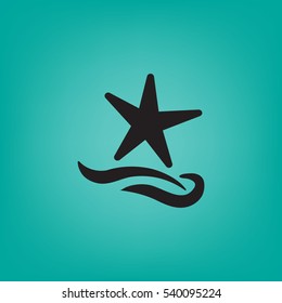 Flat icon. Starfish and sea. Waves. Recreation .