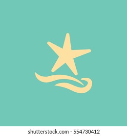 Flat icon. Starfish and sea. Waves. Recreation .